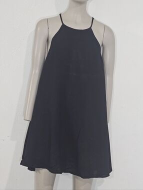 En Crème Black Mini Dress Small Boho Strappy Crochet Back High Neck Rayon NWT